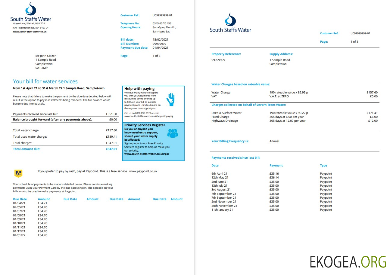 United Kingdom South Staffs Water utility bill template in Word and PDF format, 2 pages
